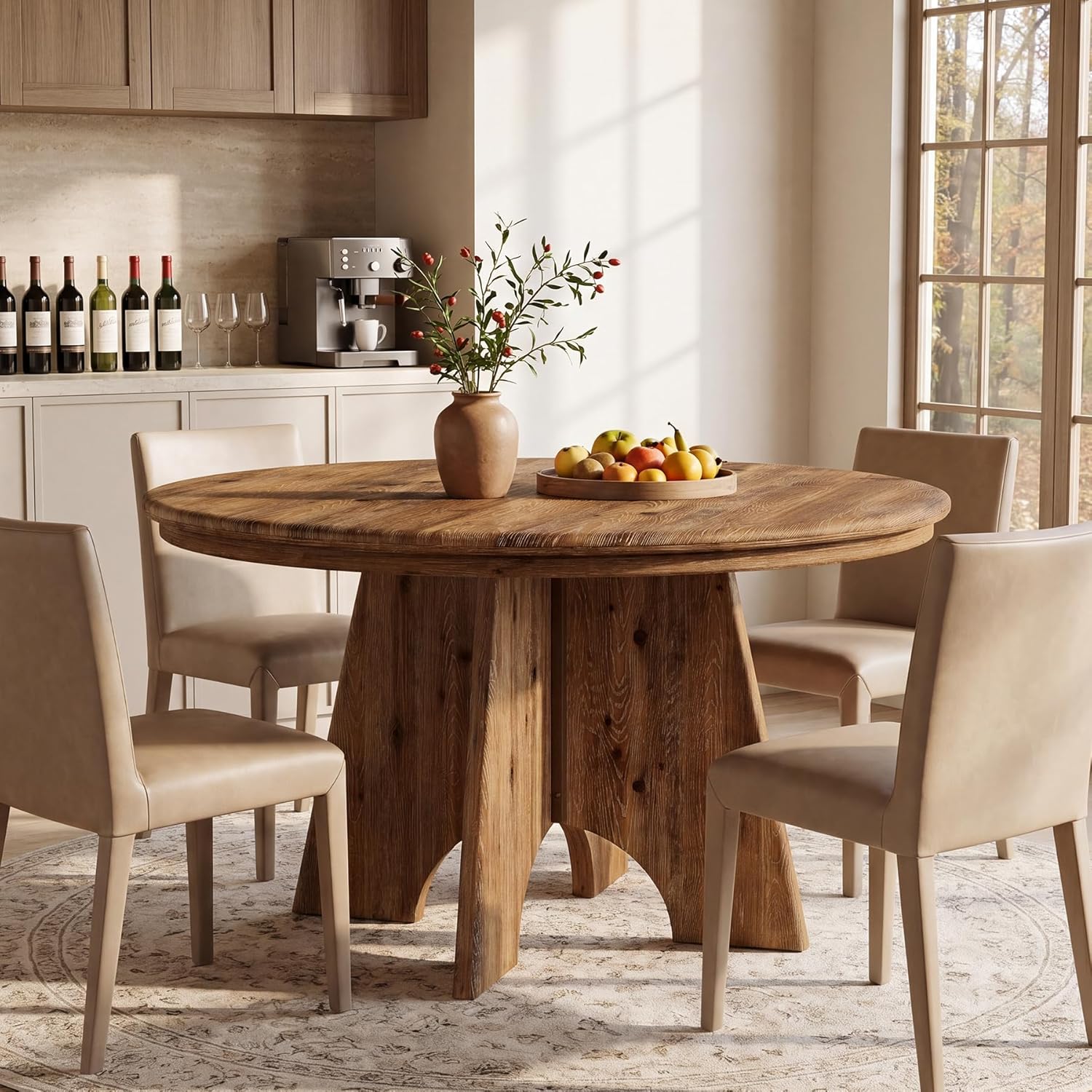 47" Solid Wood Round Dining Table for 4-6 People, Farmhouse Kitchen Table for Dining Room, Kitchen, Living Room, Rustic Brown