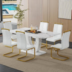 63" Dining Table Set for 6, White Faux Marble Table with 6 PU Leather Upholstered Chairs, Modern Rectangle Kitchen Table & 6 Seater Dining Room Furniture Set for Family Gatherings