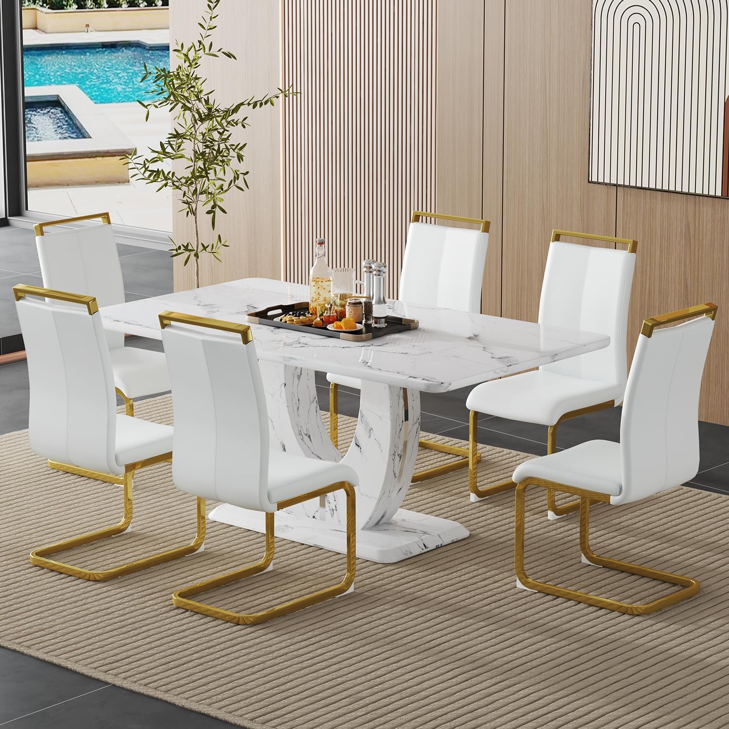 63" Dining Table Set for 6, White Faux Marble Table with 6 PU Leather Upholstered Chairs, Modern Rectangle Kitchen Table & 6 Seater Dining Room Furniture Set for Family Gatherings