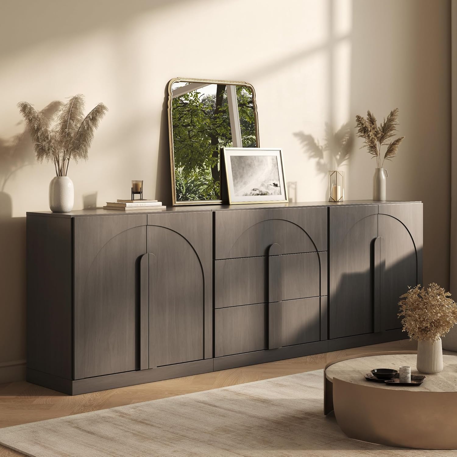 BELLEZE 3-Piece Modular Sideboard Cabinet Set Freely Configurable, Modern Wood Buffet Cabinet Contain 2 Arched Cabinet and 3-Drawer Storage, Credenza Console for Living Room Kitchen, Ebony
