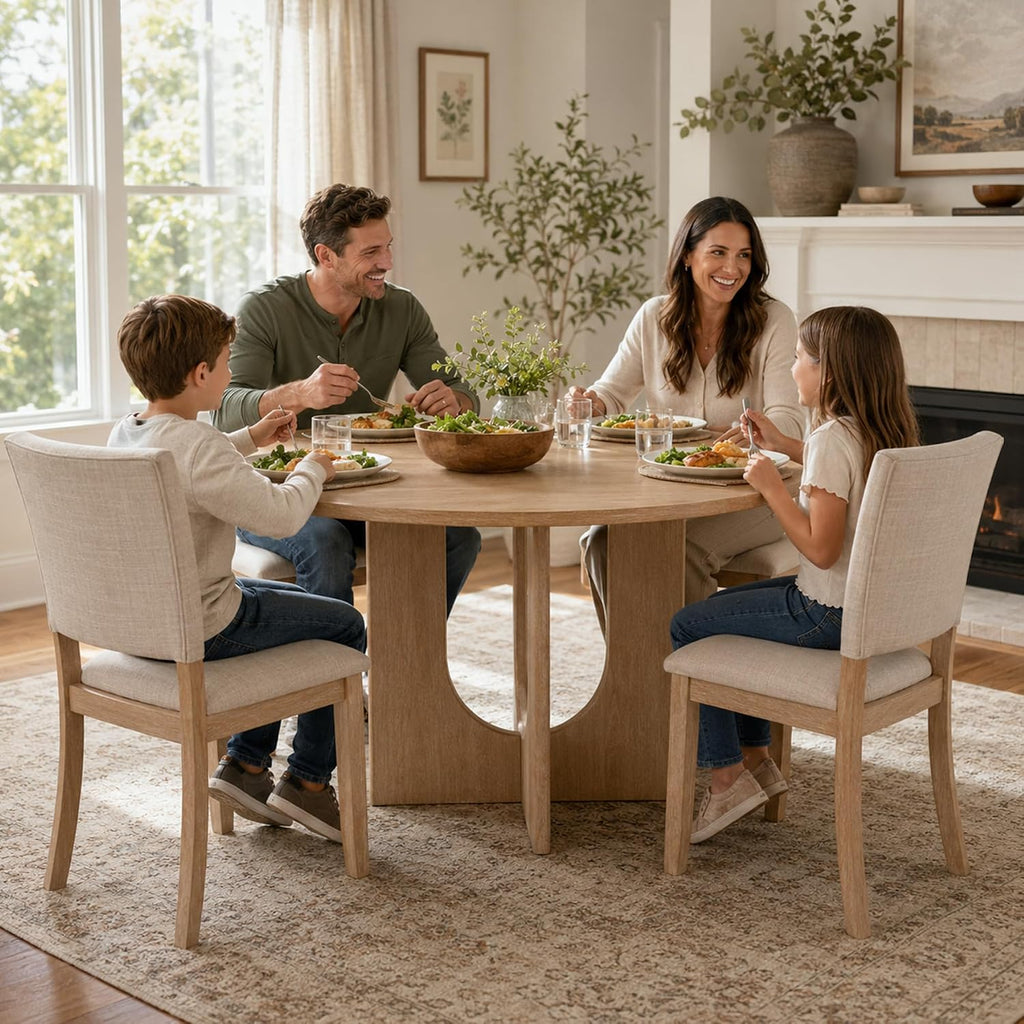 5-Piece Round Dining Table Set for 4, 47" Kitchen Table, Natural | U-Shaped Pedestal Base, Round Tabletop, 4 Upholstered Fabric Chairs, Space Saving Dinner Table for Dining Room, Kitchen