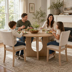 5-Piece Round Dining Table Set for 4, 47" Kitchen Table, Natural | U-Shaped Pedestal Base, Round Tabletop, 4 Upholstered Fabric Chairs, Space Saving Dinner Table for Dining Room, Kitchen