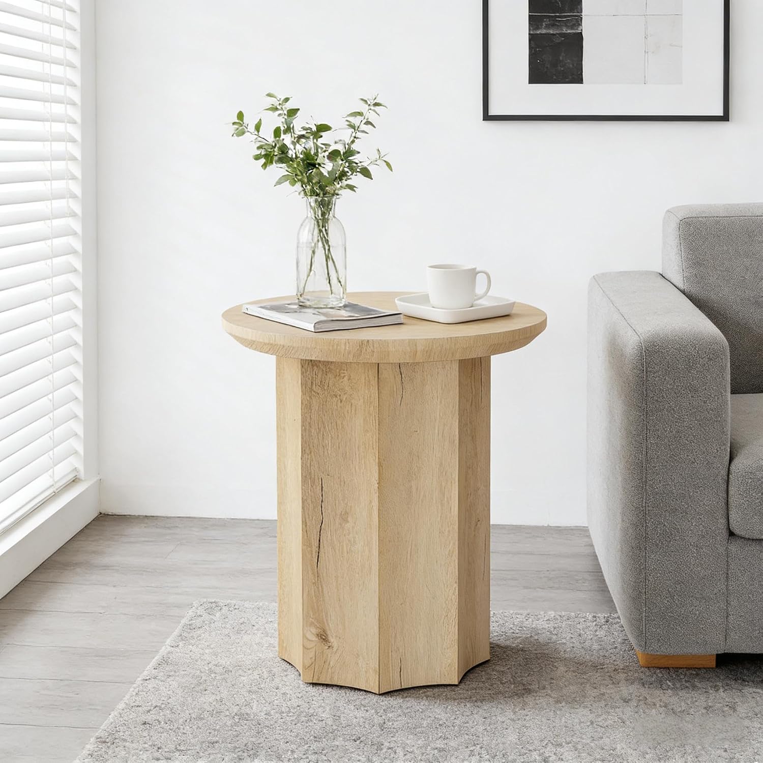 Round End Table, Modern Farmhouse Side Table with Vertical Slatted Base & Wood Grain, Compact Accent Table (19.68" L x 19.68" W x 23.62" H), Anti-Scratch Octagonal Base, Easy Assembly