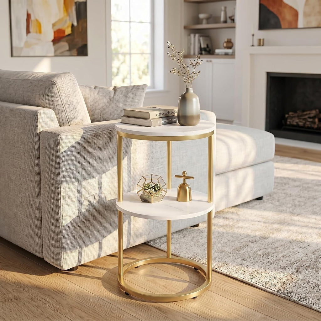C Shaped end Table,2 Tier Wood Round Side Table for Couch,Small Sofa Table with Metal Frame for Bedroom,Living Room,Bedside,Gold(11.8" D x 11.8" W x 22.9" H)