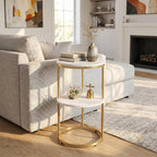 C Shaped end Table,2 Tier Wood Round Side Table for Couch,Small Sofa Table with Metal Frame for Bedroom,Living Room,Bedside,Gold(11.8" D x 11.8" W x 22.9" H)