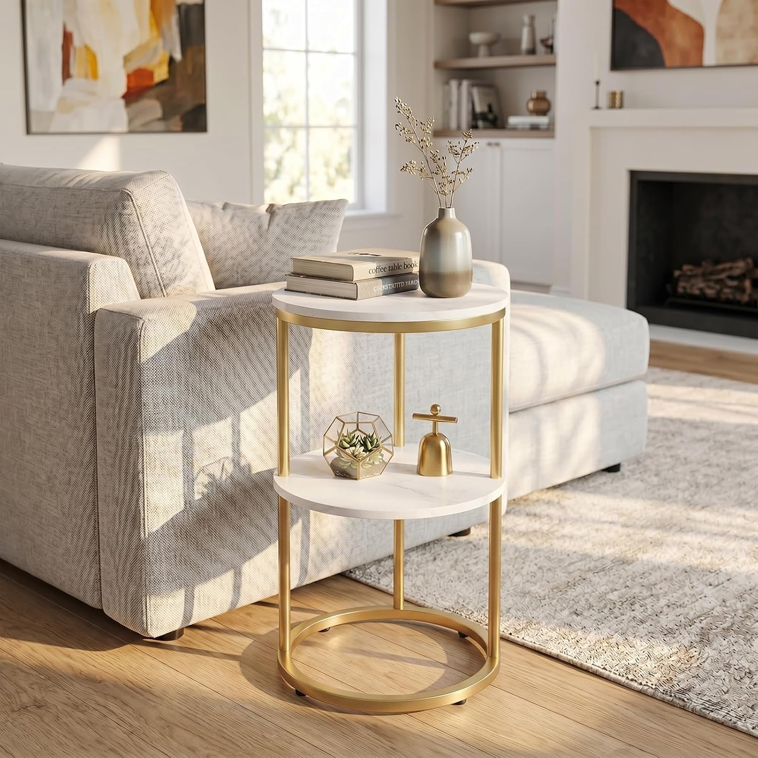 C Shaped end Table,2 Tier Wood Round Side Table for Couch,Small Sofa Table with Metal Frame for Bedroom,Living Room,Bedside,Gold(11.8" D x 11.8" W x 22.9" H)