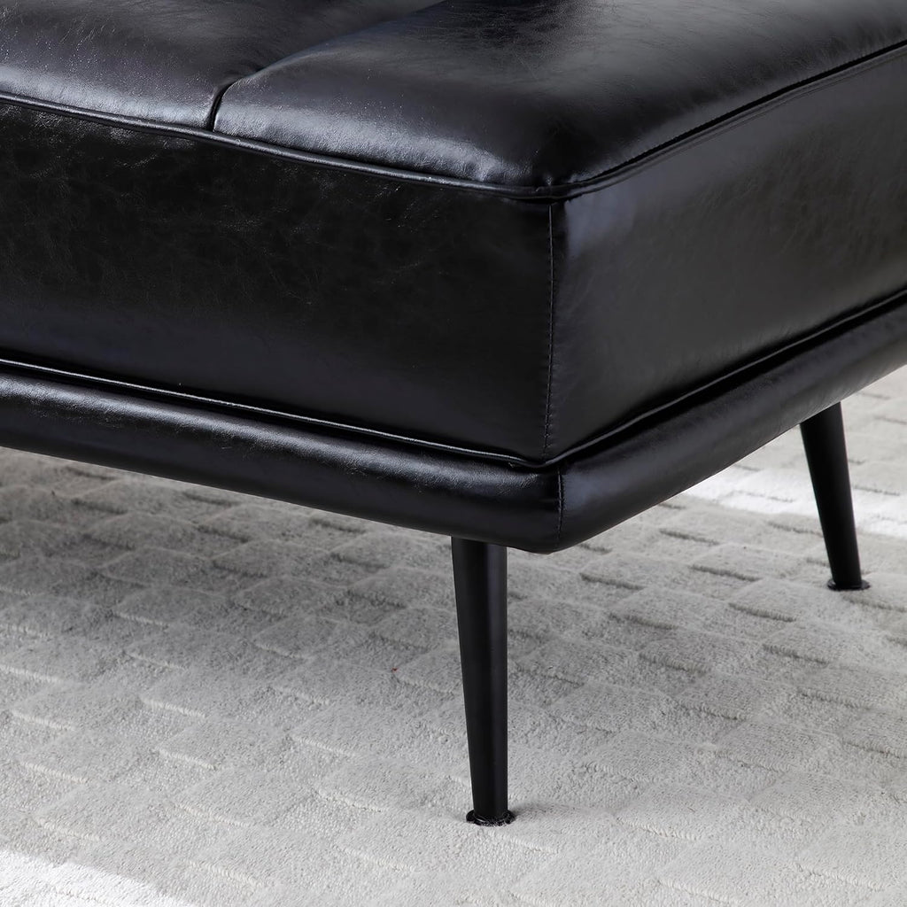 55" Modern Upholstered Bedroom Bench with Side Table - 360° Rotating Tray, PU Leather Cushion, Metal Legs for Living Room & Entryway (Black)