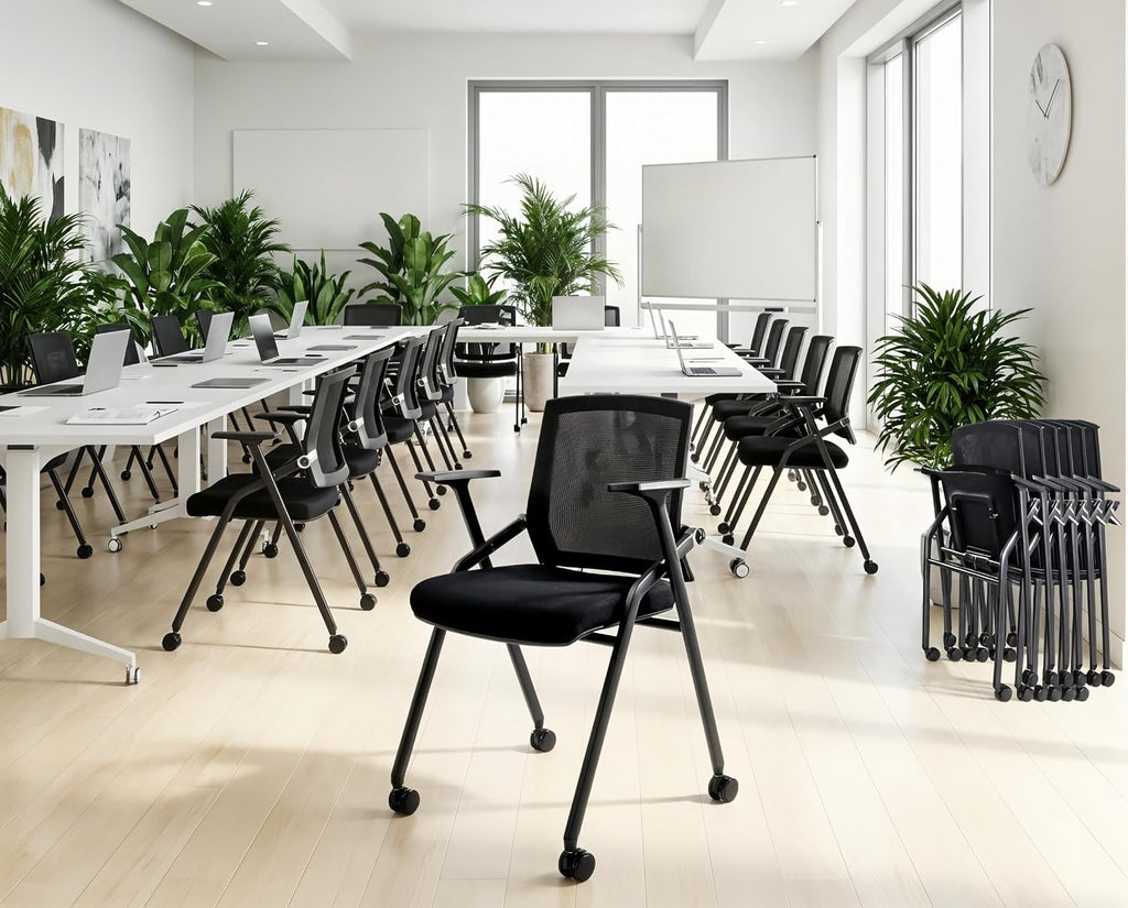 40 Pack Stackable Conference Room Chairs with Paddle Folding Office Chair Foldable Desk Chair Mesh Back and Arms for Conference Meeting Guest Reception Home Office Training Room Chair Black