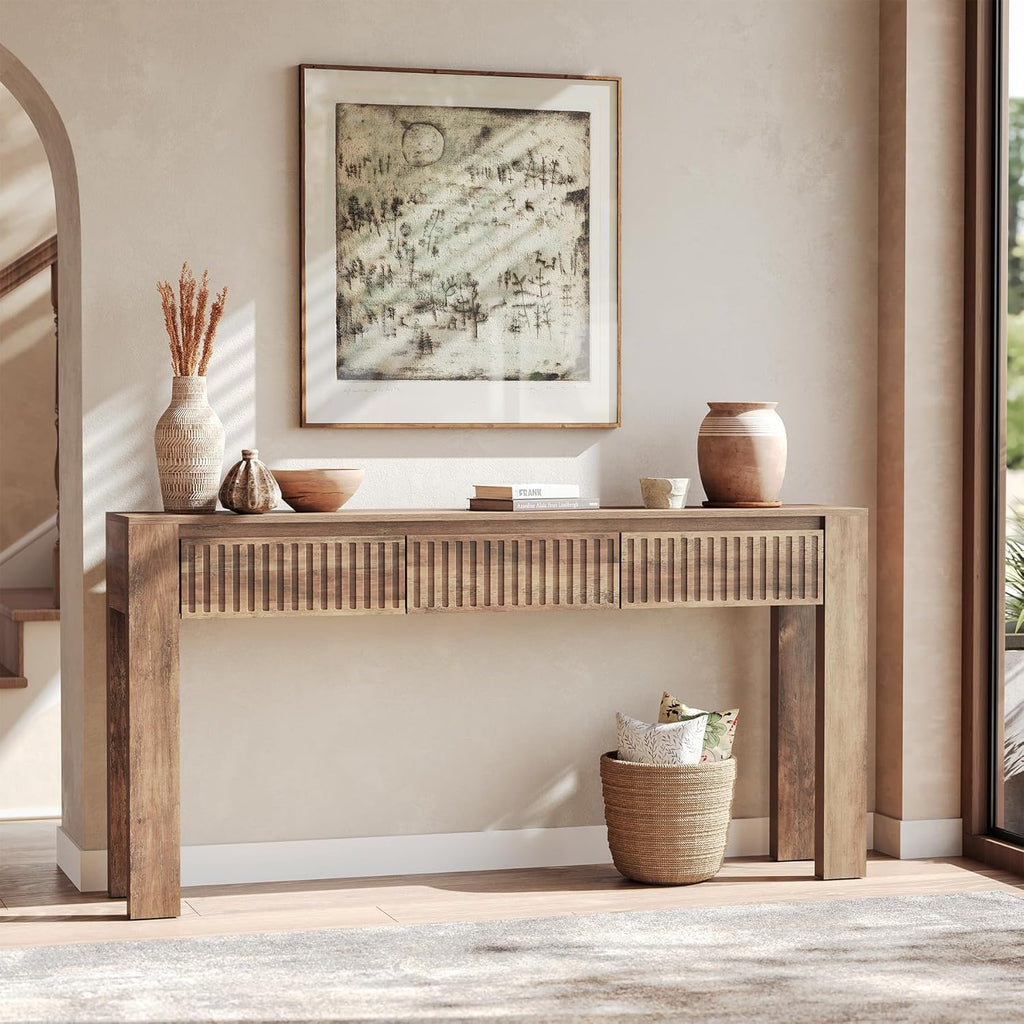 LITTLE TREE 63 Inches Long Console Table with 3 Drawers, Brown Sofa Table Behind Couch for Living Room, Wooden Hallway Foyer Entry Table for Entrance