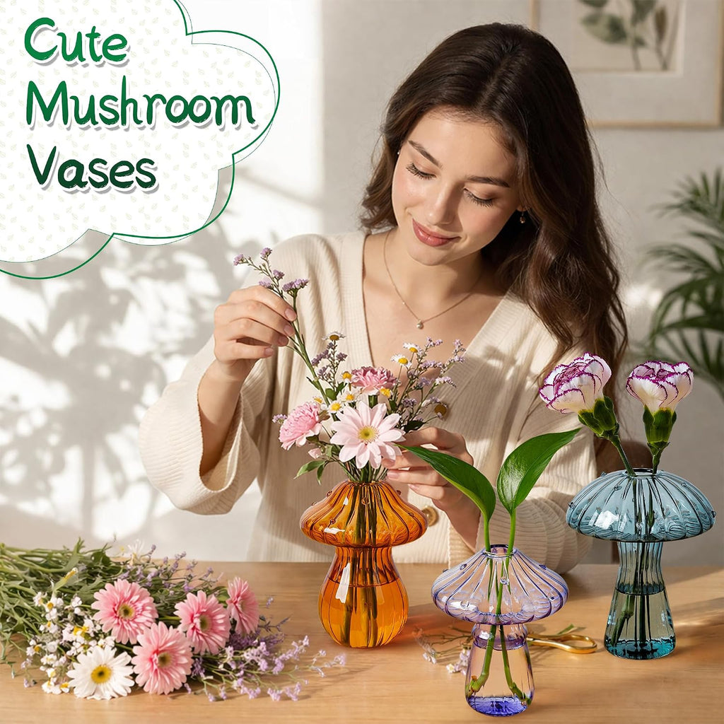 Mushroom Vase, Set of 10 Colored Flower Vase, Propagation Stations Vases, Small Bud Vases Home Decor Cute Glass Mushroom Planter for Room Office Decoration (10Pcs Colorful)