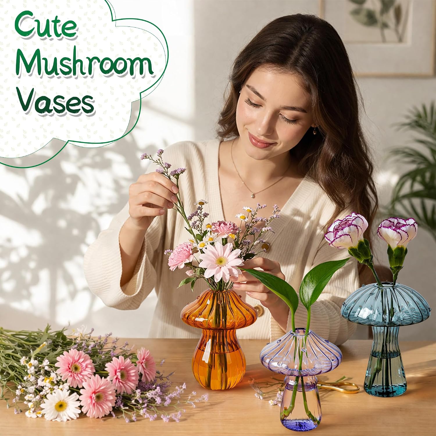 Mushroom Vase, Set of 10 Colored Flower Vase, Propagation Stations Vases, Small Bud Vases Home Decor Cute Glass Mushroom Planter for Room Office Decoration (10Pcs Colorful)