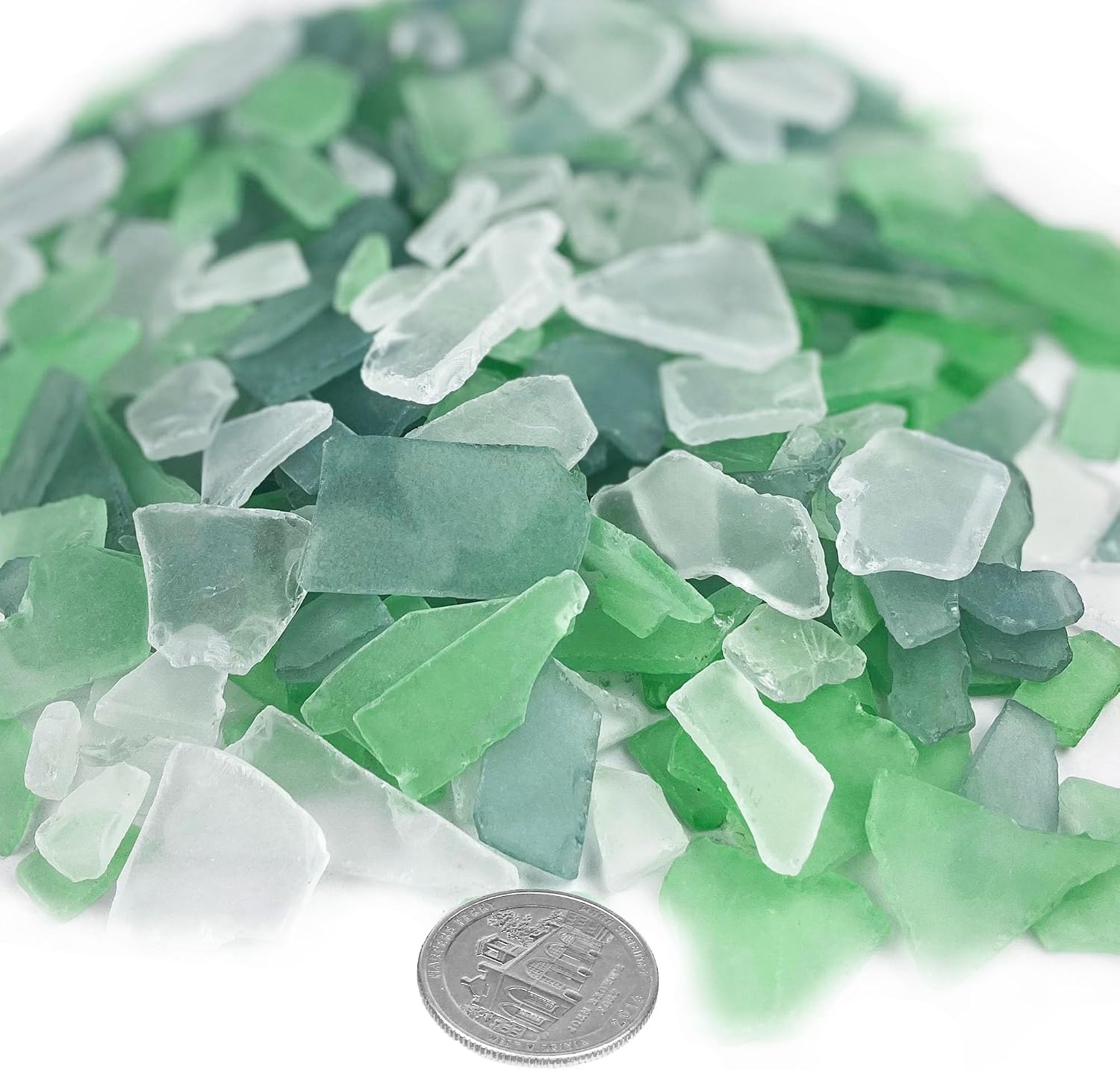 CYS EXCEL Sea Glass 24 Ounces Palm Green & Light Green & Clear Mix | Multiple Color Choices Crushed Glass Vase Filler | Aquarium Nautical Décor for Art Crafts Flat Frosted Dyed Color Stone