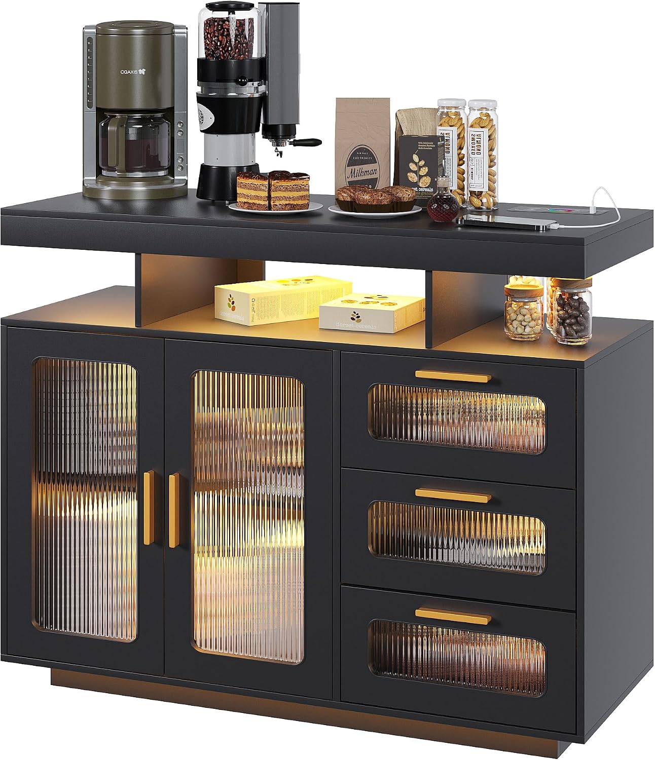 Dystler Coffee Bar Cabinet with Storage, Modern Buffet Cabinet with 3 Drawers and 2 Doors, Sideboard Buffet with Charging Station and Lights, Black