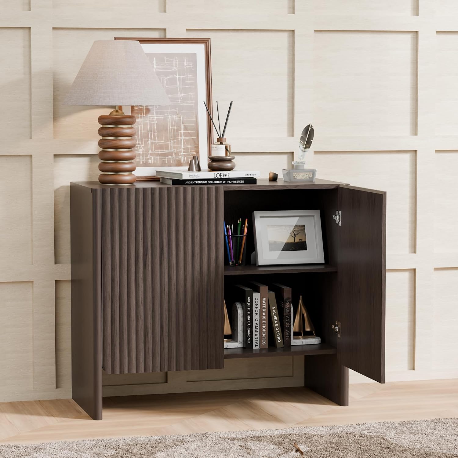 Fluted Sideboard Buffet Cabinet with Storage, 2-Door Wood Entryway Table with Curved Legs & Adjustable Shelves, Coffee Bar Cabinets for Living Room, Kitchen & Bedroom (Dark Walnut)
