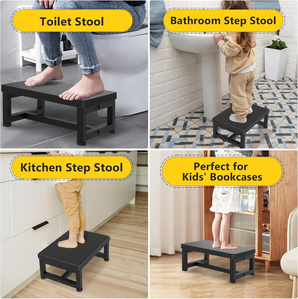 Step Stools for Adults Kids, Sturdy Wooden Stepping Stools with 450LB Capacity, Anti-Slip Bed Steps Stool for High Beds, Foot Stool One Step Stool for Kitchen Bathroom Bedroom, Black