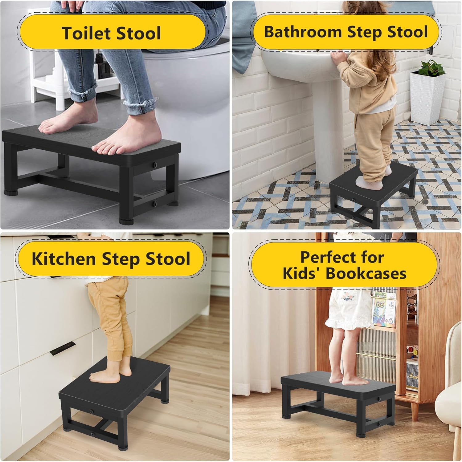 Step Stools for Adults Kids, Sturdy Wooden Stepping Stools with 450LB Capacity, Anti-Slip Bed Steps Stool for High Beds, Foot Stool One Step Stool for Kitchen Bathroom Bedroom, Black