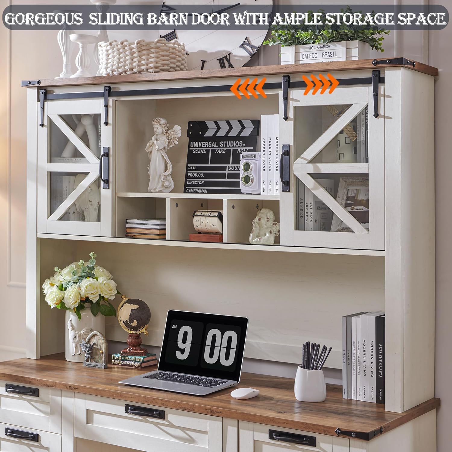 RedLemon 60" Farmhouse L Shaped Desk with Hutch, Wood Home Office Executive Desk with Drawer, Charging Station, File Drawer, Storage Cabinet, Rustic Writing Computer Desk (Antique White)