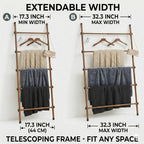 SIBRAD Expandable Blanket Ladder for Living Room, Adjustable Width (17.3"-32.3") Tall Metal Quilt Rack Wall Leaning, Rustic Brown Wood Grain 5-Tier Blanket Holder, Heavy Duty 45 Lbs Capacity