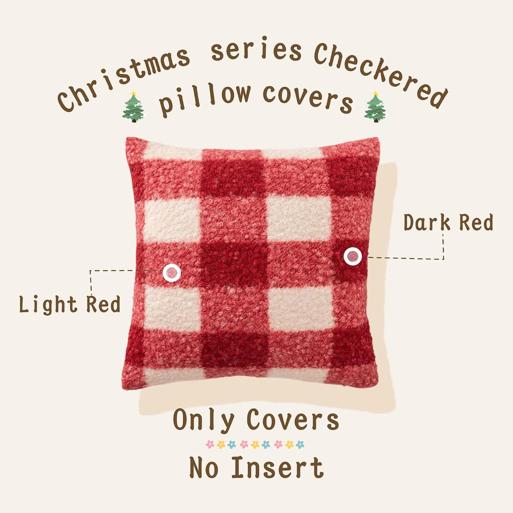 AQOTHES Red White Plaid Christmas Throw Pillow Covers 20x20 Inch Set of 2, Boucle Decorative Pillow Covers,Cozy Fluffy Home Living Room Farmhouse Decor for Sofa Couch Bed