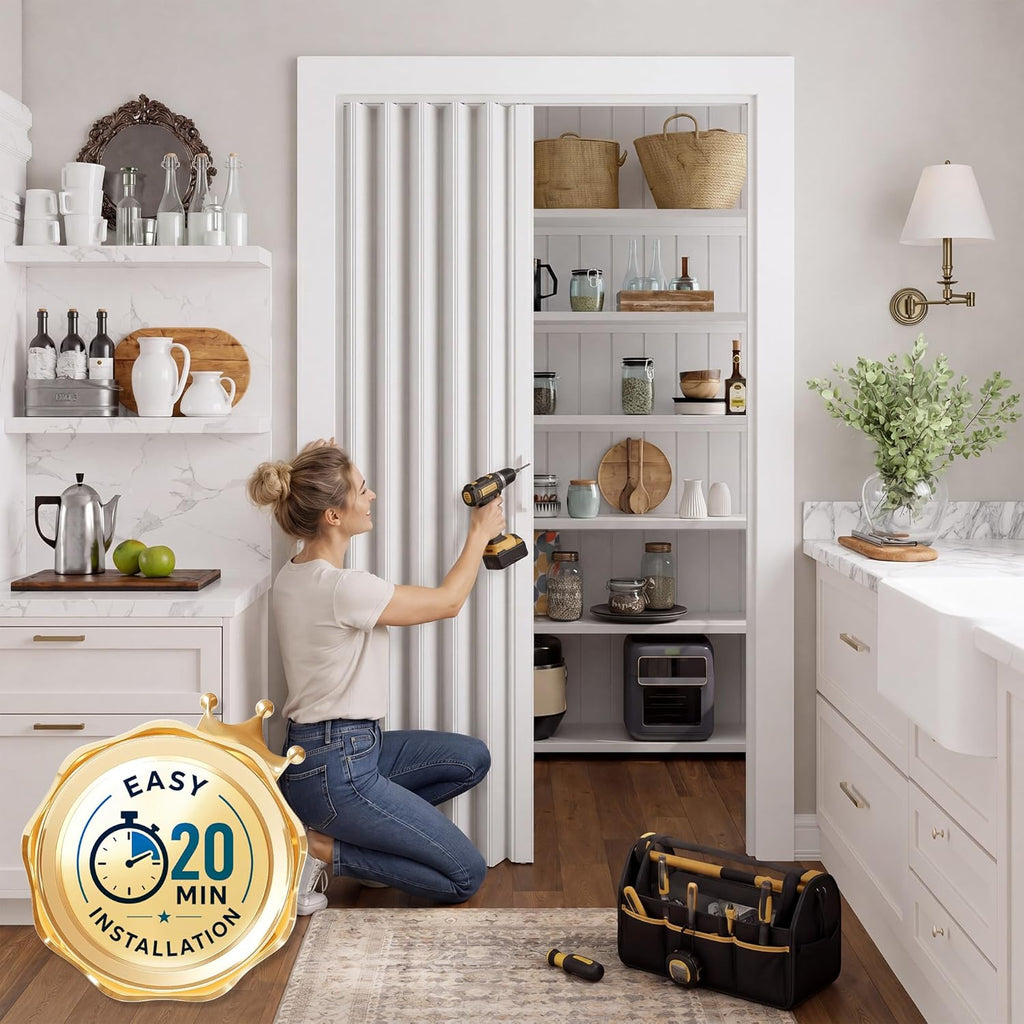 SmartStandard 24" x 80" Accordion Doors Interior, Double Walled Accordion Folding Doors for Closet, PVC Accordian Door for Doorway Bathroom Basement, Easy to Assemble, Space Saving, White