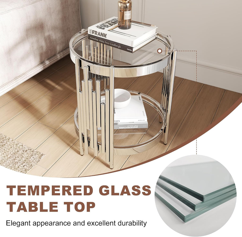 Round Glass End Table, 2-Tier Small Side Table with Tempered Glass Top and Sliver Stainless Steel Legs, Elegant Sofa Accent Table for Living Room, Bedroom, Easy to Assembly