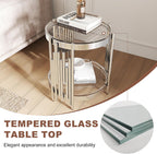 2 Tier Glass End Table with Storage, Round-Shaped Stainless Steel Side Table with Tempered Glass Top, Modern Accent Table for Living Room, Bedroom, Easy Assembly, Silver/Clear