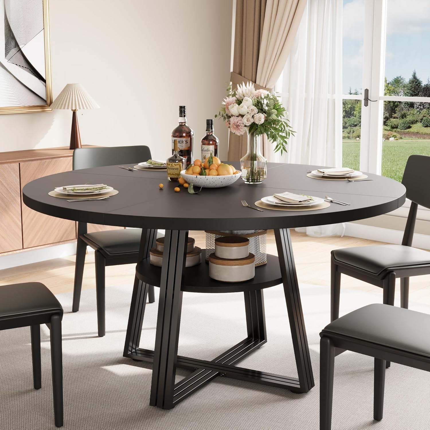 Garvee 47 in Inch Round Dining Table for 4, Farmhouse Dining Room Circle Dinner Table,Space Saving Wood Kitchen & Dining Room Furniture, Round Tables with Storage and Metal Square Legs, Black