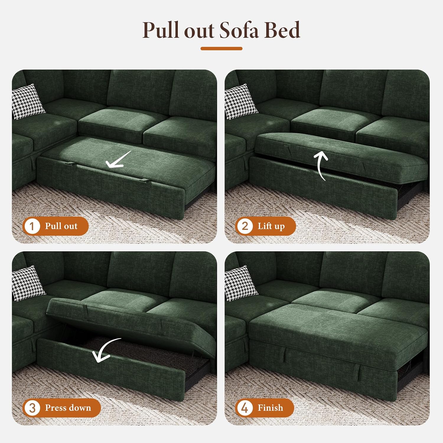 Vesgantti 88.4" Sectional Sleeper Sofa with Pull Out Bed, 5 Seater L Shaped Modular Sectional Couch with Storage, Comfy Chenille Modular Couch for Living Room, Bedroom, Apartment, Green
