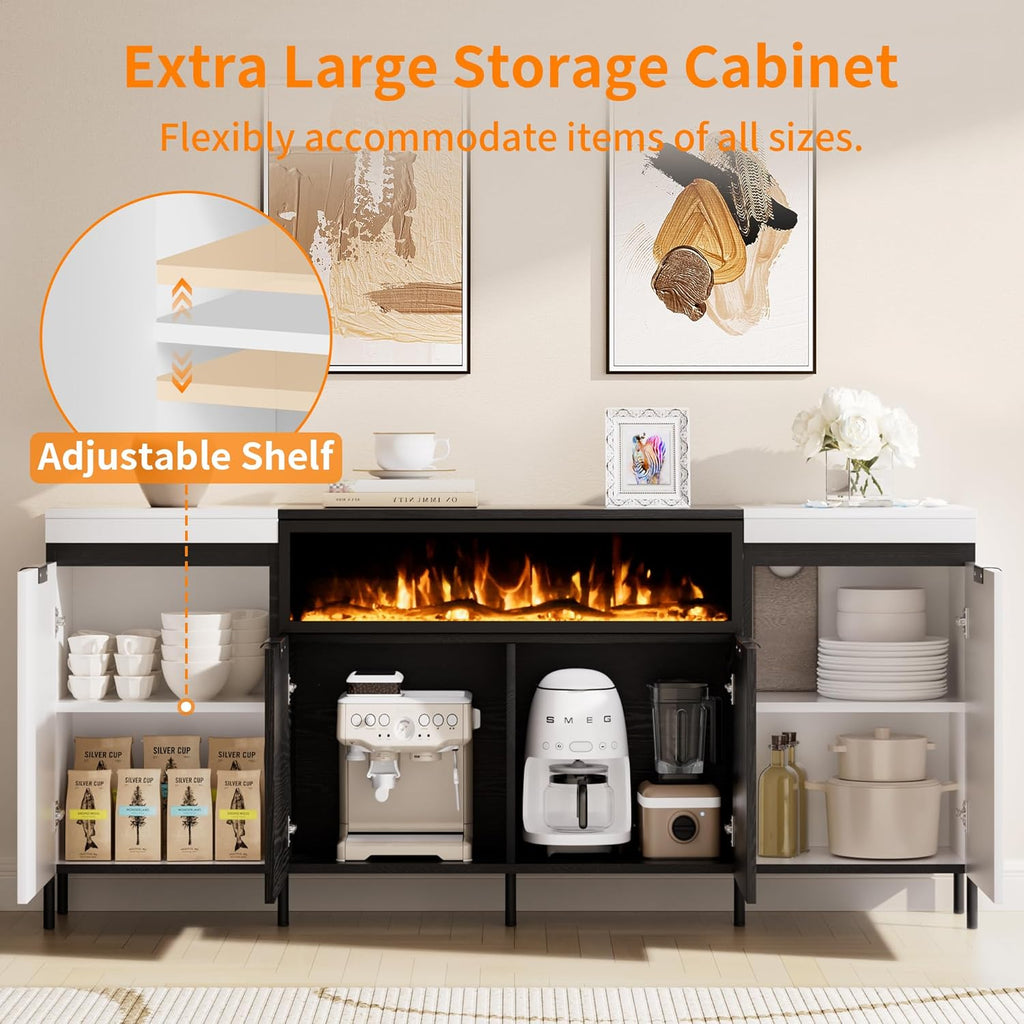 Sideboard Buffet Cabinet with Storage, 80" Large Credenza with 40" Fireplace, Wood Coffee Wine Bar Console Table with 4 Doors & Open Shelf for Dining Room, Living Room, Black & White