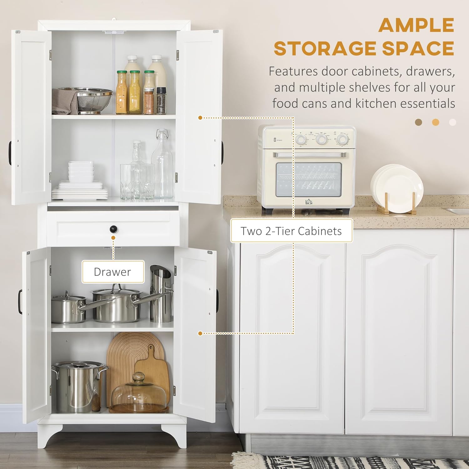 67" Tall Kitchen Pantry Cabinet, 4-Door Storage with Drawer & Adjustable Shelves, Stylish White Cabinet for Dining Room