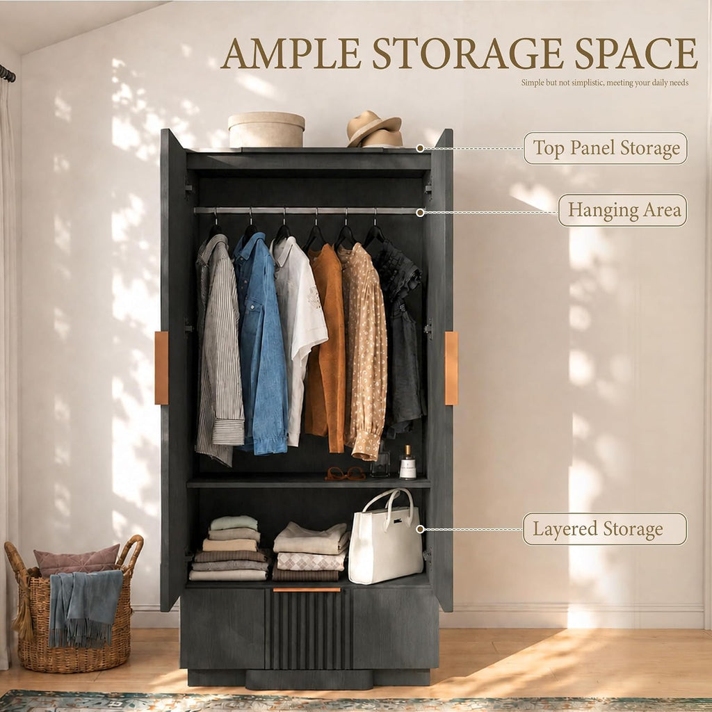 Yechen 67" Fluted Armoire Wardrobe Closet with Doors and Drawer | Wooden Wardrobe Closet Cabinet with Adjustable Shelve, Modern Small Armoires Storage Clothes, Coats for Bedroom, Black