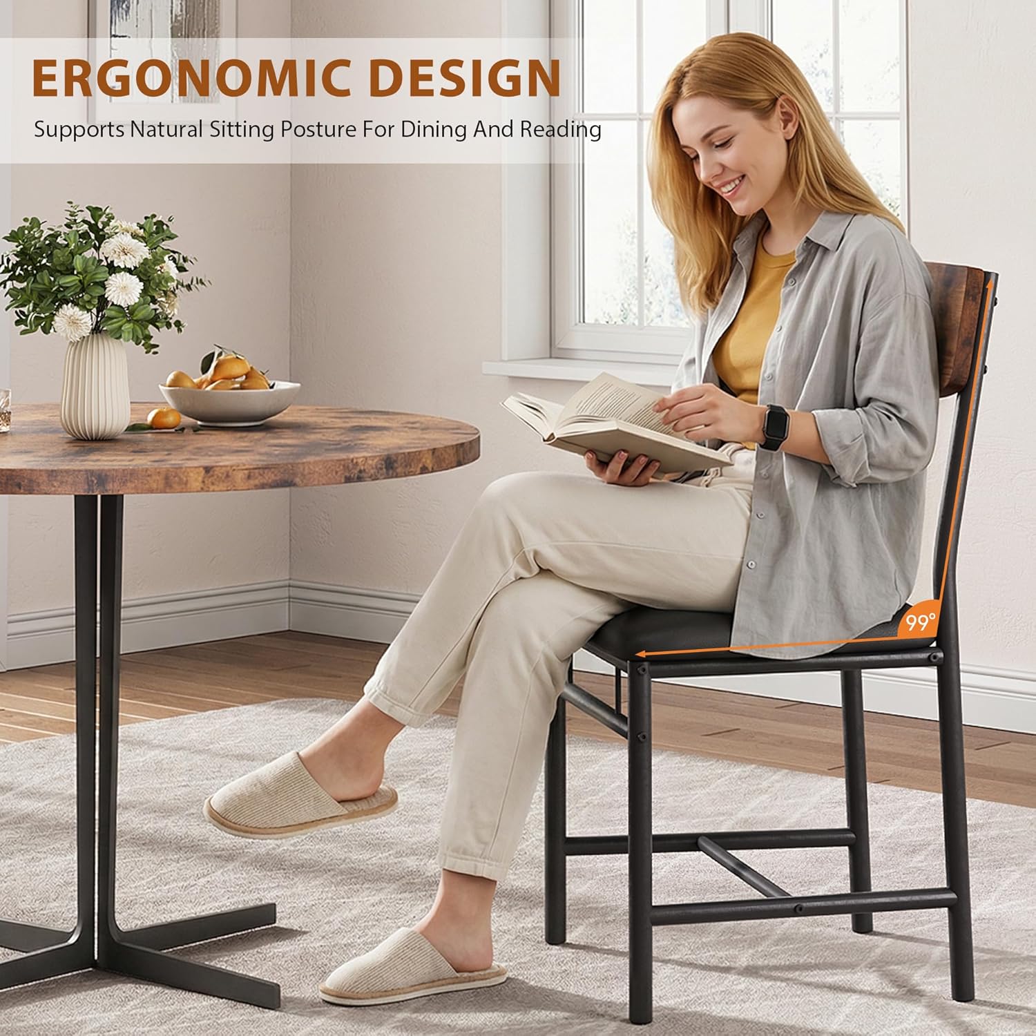 Jocoevol Industrial Dining Chairs Set of 6 - Upholstered Dining Room Chairs with PU Leather, Kitchen Chairs with Wooden Backrest and Thickened Metal Legs, for Dining Room, Living Room (6) (Brown)