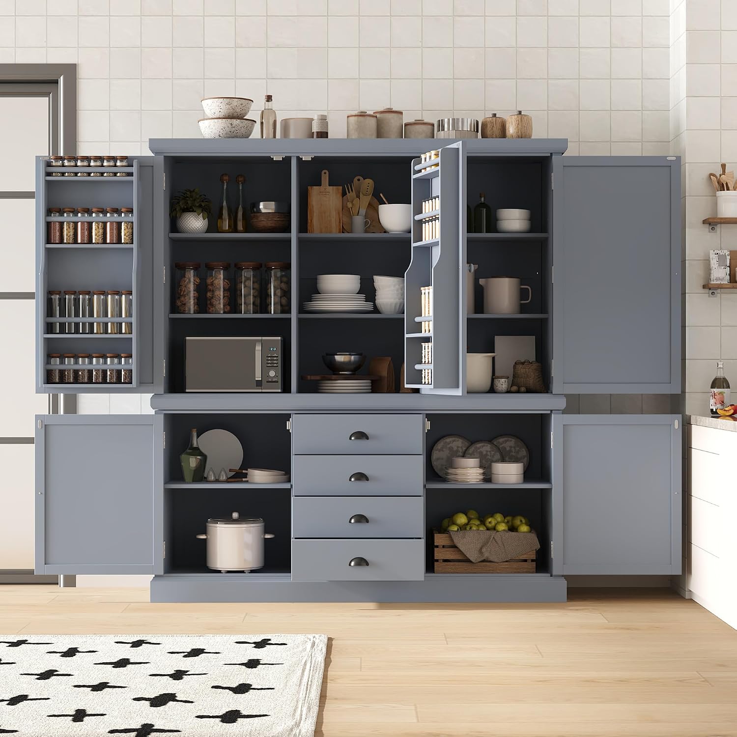 Polibi 73'' Freestanding Wooden Kitchen Pantry Cabinet with Drawers, Adjustable Shelves, and Magnetic Doors, Large Storage Organizer for Dining Room, Kitchen, or Utility Room, Gray