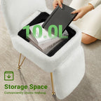 GREENSTELL Vanity Stool Chair with Storage and Folding Back, 13.4" x 15" x 30" Square Faux Fur Soft Ottoman, 4 Metal Legs with Anti-Slip Feet, Furry Padded Seat for Makeup, Bedroom, White