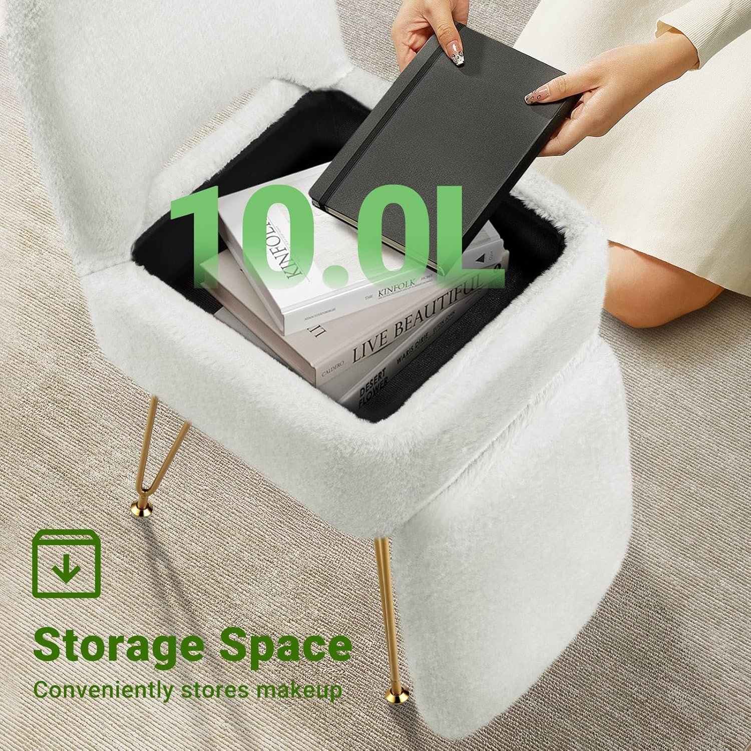 GREENSTELL Vanity Stool Chair with Storage and Folding Back, 13.4" x 15" x 30" Square Faux Fur Soft Ottoman, 4 Metal Legs with Anti-Slip Feet, Furry Padded Seat for Makeup, Bedroom, White