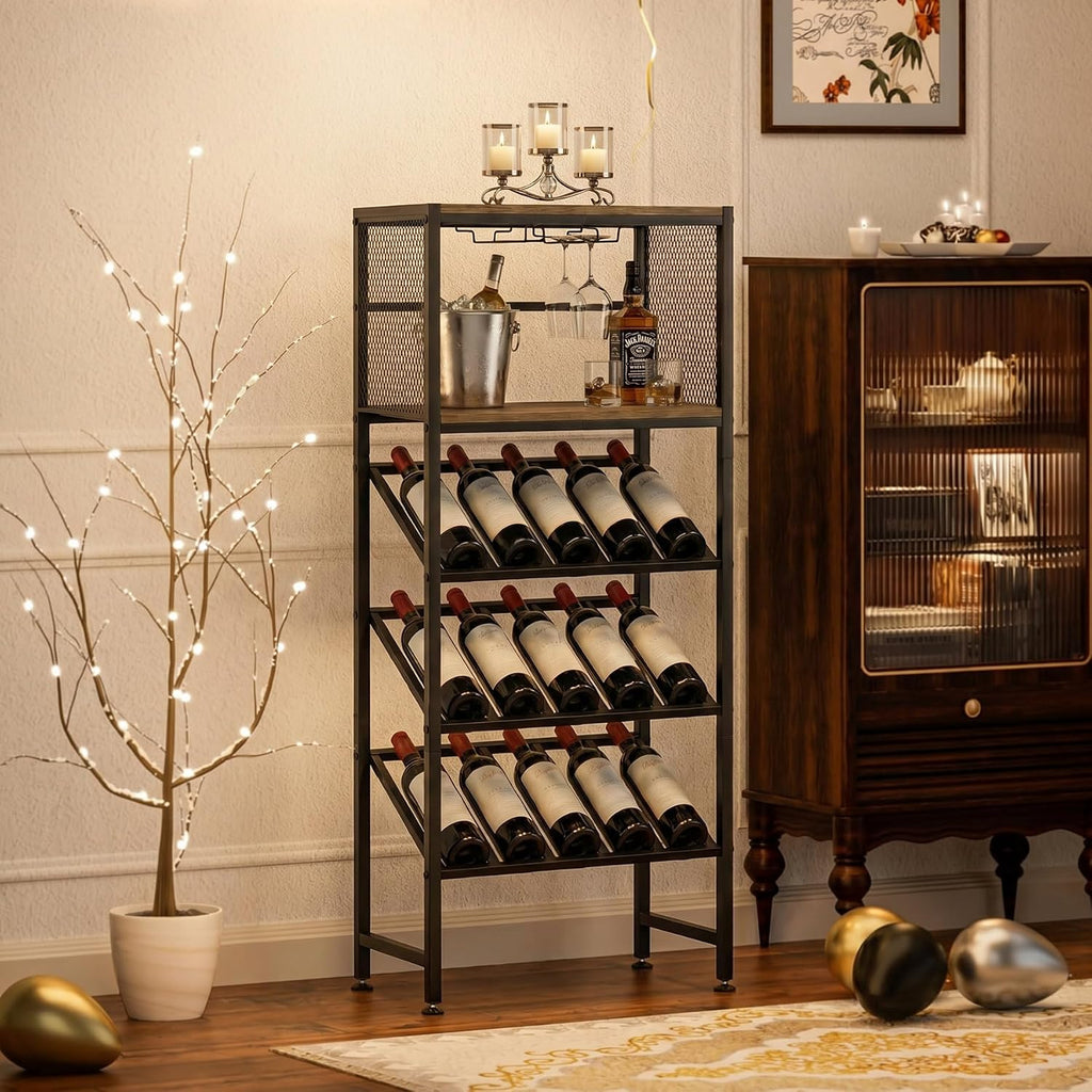 3-Tier Wine Rack Freestanding Floor with Glass & Storage Racks | Space-saving corner wine bar cabinet, sturdy build for kitchen, living room & home bar, stores wine bottles & bar accessories