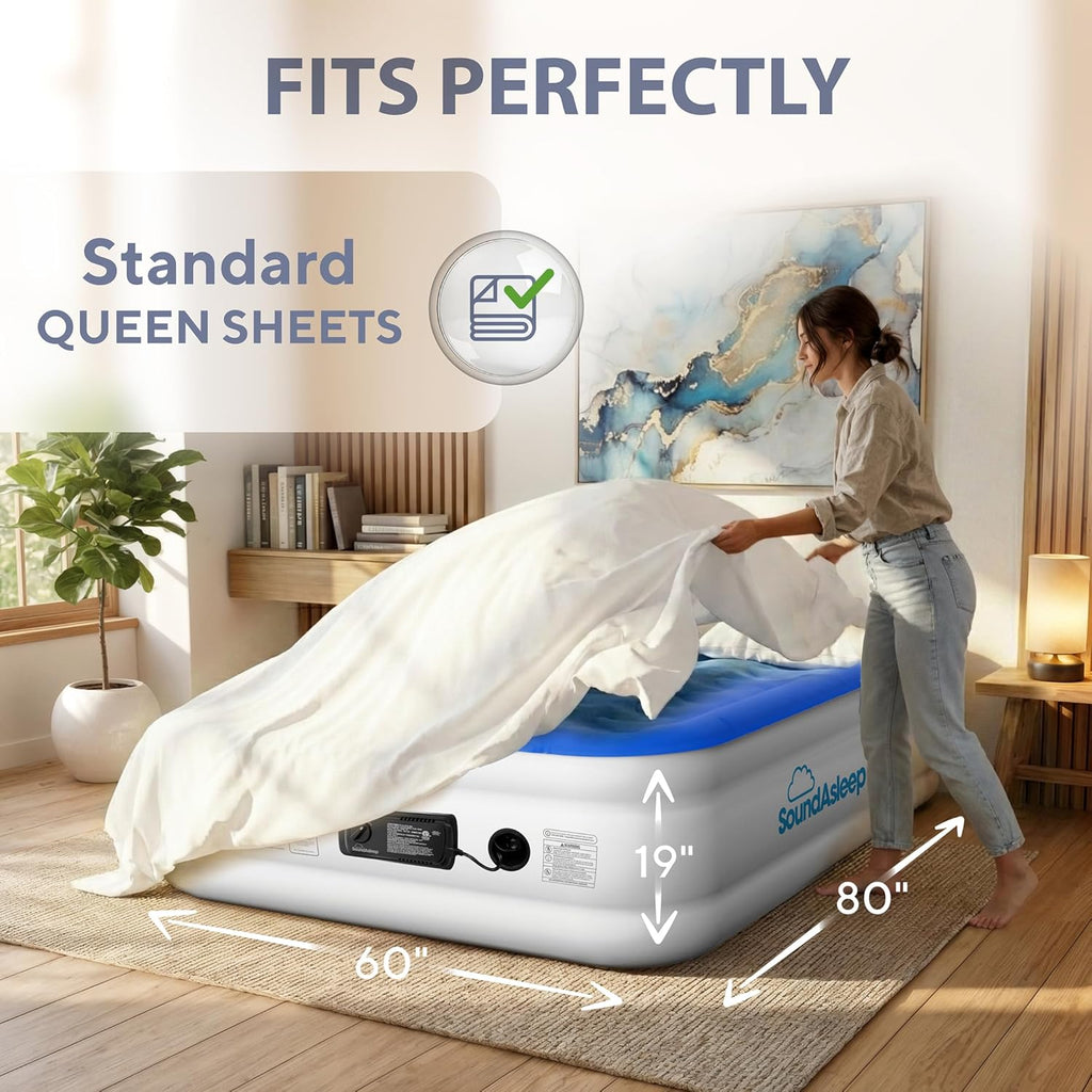 SoundAsleep Products Dream Series Luxury Air Mattress, ComfortCoil Technology, Built-in High Capacity Pump for Home, Camping- Double Height, Adjustable, Inflatable Blow Up, Portable (Queen Size)