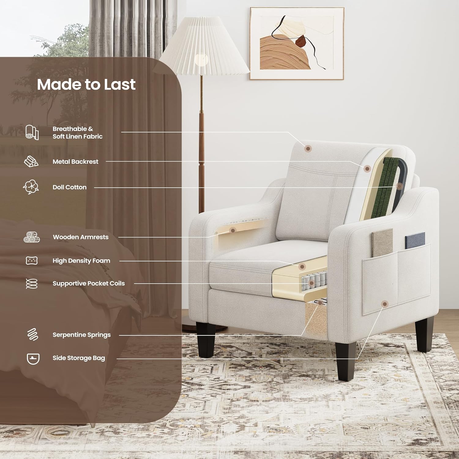 Upholstered Accent Chair with Foldable Side Table for Living Room | 2 Side Pockets, Modern Linen Armchair Wooden Fabric Chairs for Living Room, Comfy Reading for Bedroom/Office