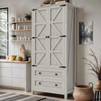 DWVO 64.5" H Kitchen Pantry Cabinet, Storage Cabinet with Barn Doors, 2 Drawers and Adjustable Shelves, Farmhouse Cupboard for Dining Room, Living Room, Bathroom, Off White