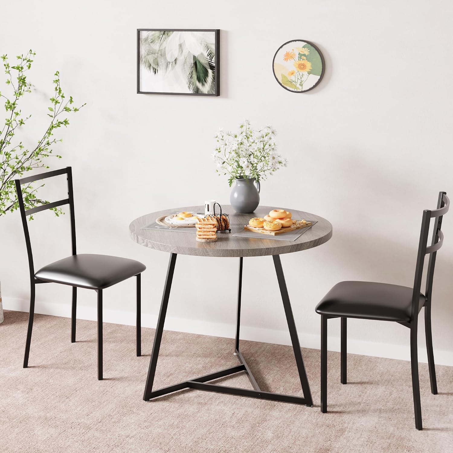3-Piece Round Dining Set for 2 - Compact 31.4" Rustic Gray Kitchen Table with Upholstered Chairs, Space-Saving Breakfast Set for Small Spaces, Apartments & Studio Living