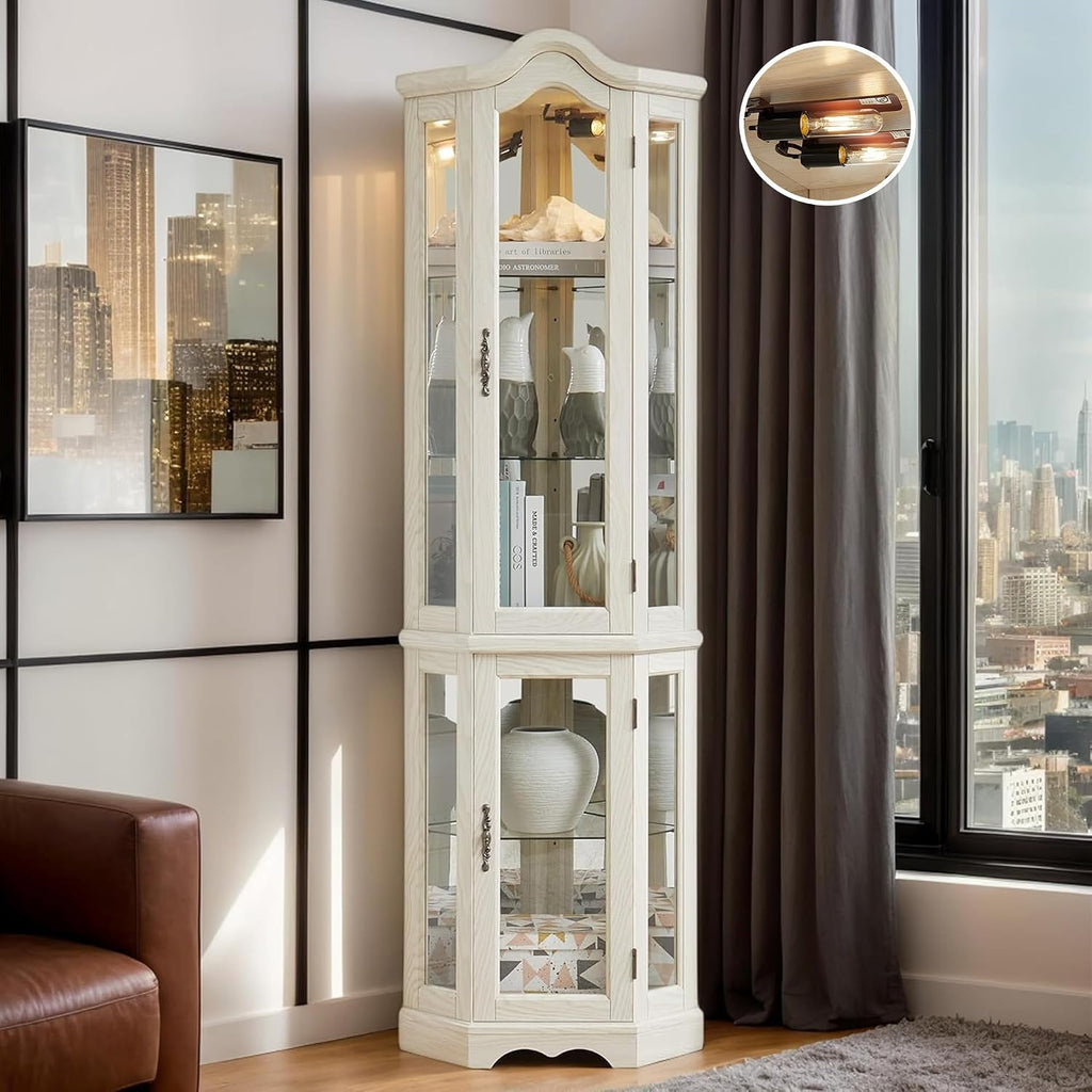 Lighted Corner Curio Cabinet 70.5" Tall Wooden China Cabinet with Tempered Glass Doors, Freestanding Glass Display Case Wine Cabinet Storage Rack for Bar and Liquor Storage (White)