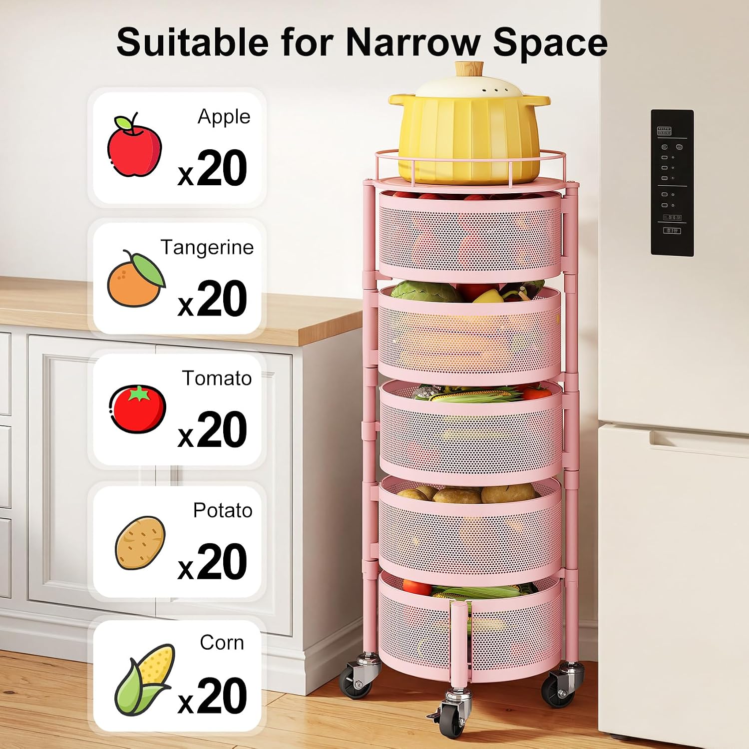 SAYZH Fruit Vegetable Basket for Kitchen, Rotating Storage Rack, 5 Tier Rolling Cart with top lid, Large Metal Wire Wheels, Pink