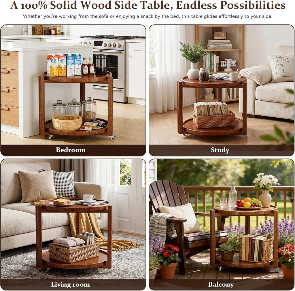 Taitiy Rolling Side Table with Wheels Solid Wood Round End Table with Storage Shelf 2 Tier Mobile Side Table for Couch & Small Spaces Wooden Bedside Table with Lockable Casters Walnut 21.5"