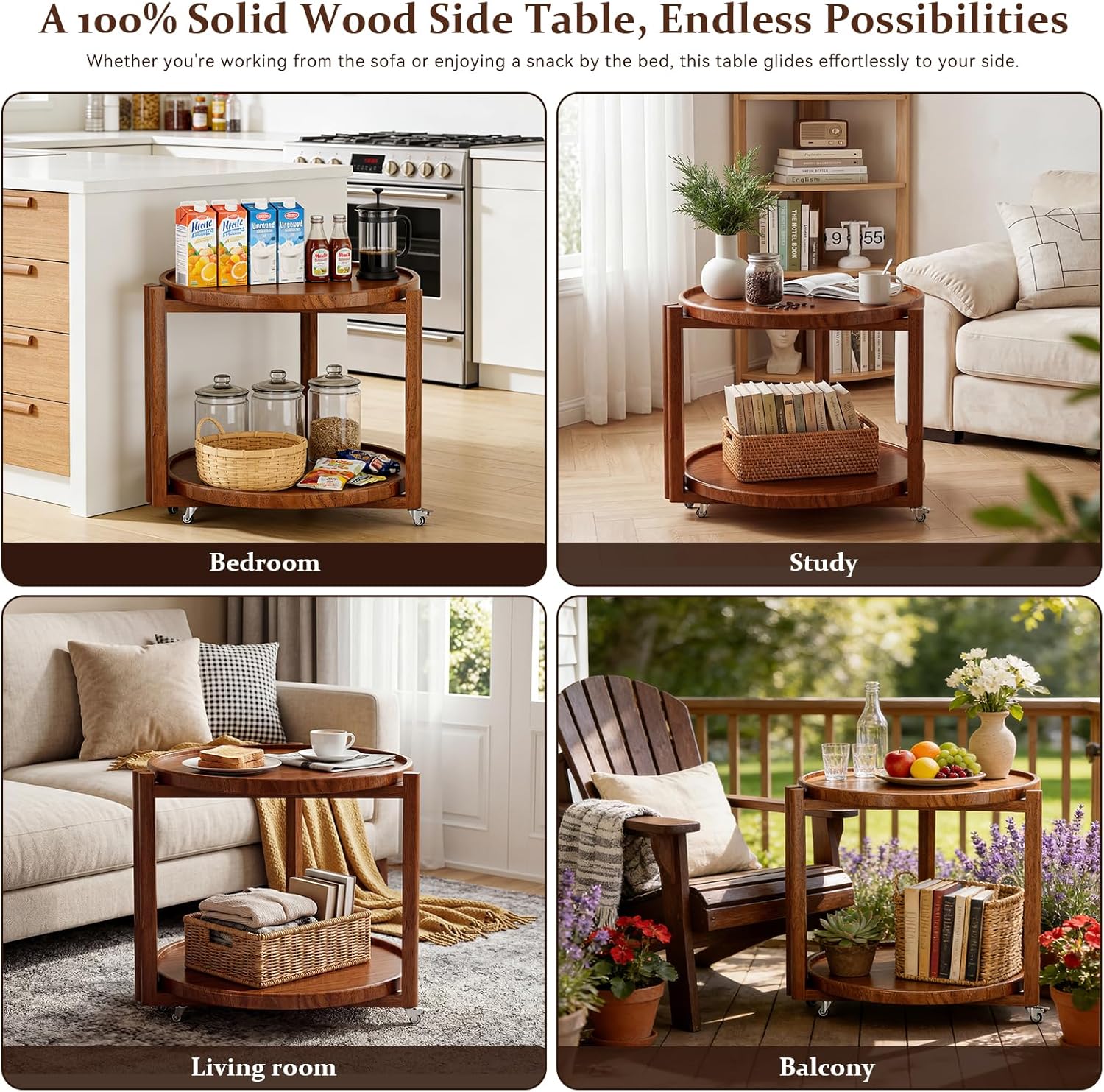Taitiy Rolling Side Table with Wheels Solid Wood Round End Table with Storage Shelf 2 Tier Mobile Side Table for Couch & Small Spaces Wooden Bedside Table with Lockable Casters Walnut 21.5"