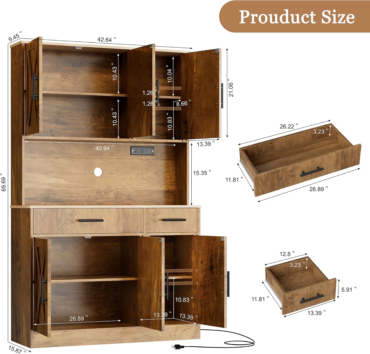 Shintenchi Pantry Cabinet with Charging Station, 70” Tall Kitchen Storage Cabinet with Microwave Stand, Storage Drawers & Adjustable Shelves, Large Capacity Kitchen Hutch for Dining Room, Brown
