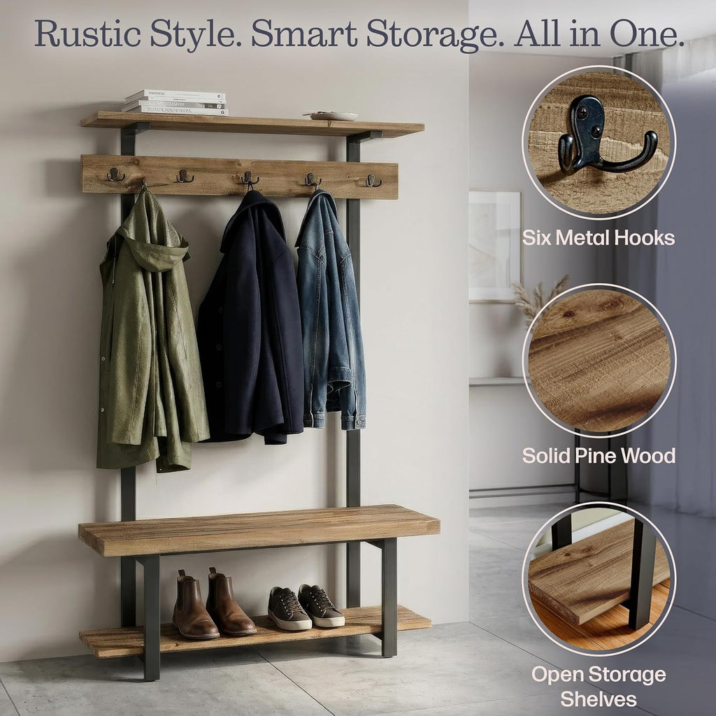 Alaterre Furniture Pomona Entryway Hall Tree – Modern Farmhouse 48-Inch Solid Wood Hall Tree with Bench, Shelves & Metal Coat Hooks – Mudroom & Foyer Storage for Jackets, Bags & Shoes (Rustic Brown)