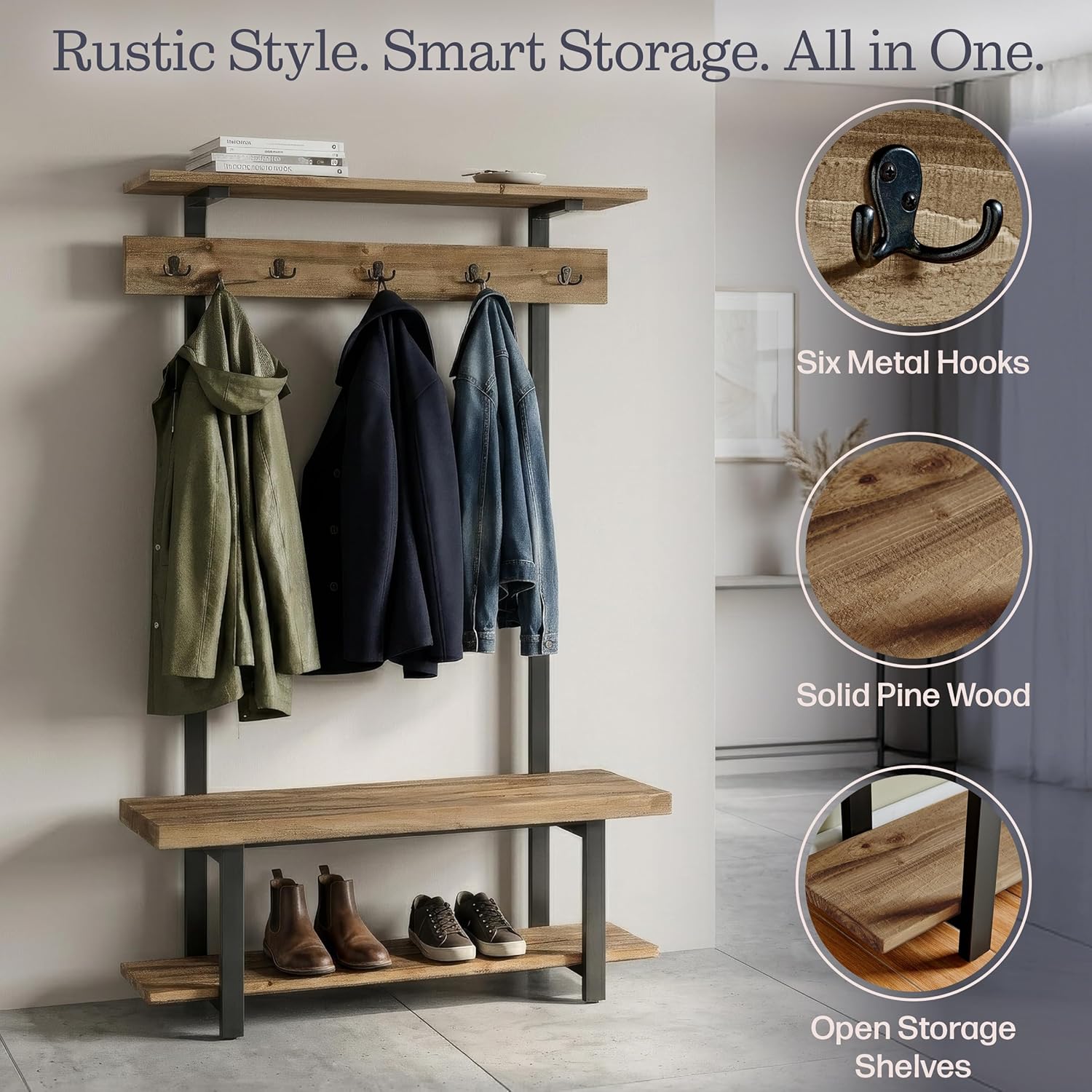 Alaterre Furniture Pomona Entryway Hall Tree – Modern Farmhouse 48-Inch Solid Wood Hall Tree with Bench, Shelves & Metal Coat Hooks – Mudroom & Foyer Storage for Jackets, Bags & Shoes (Rustic Brown)