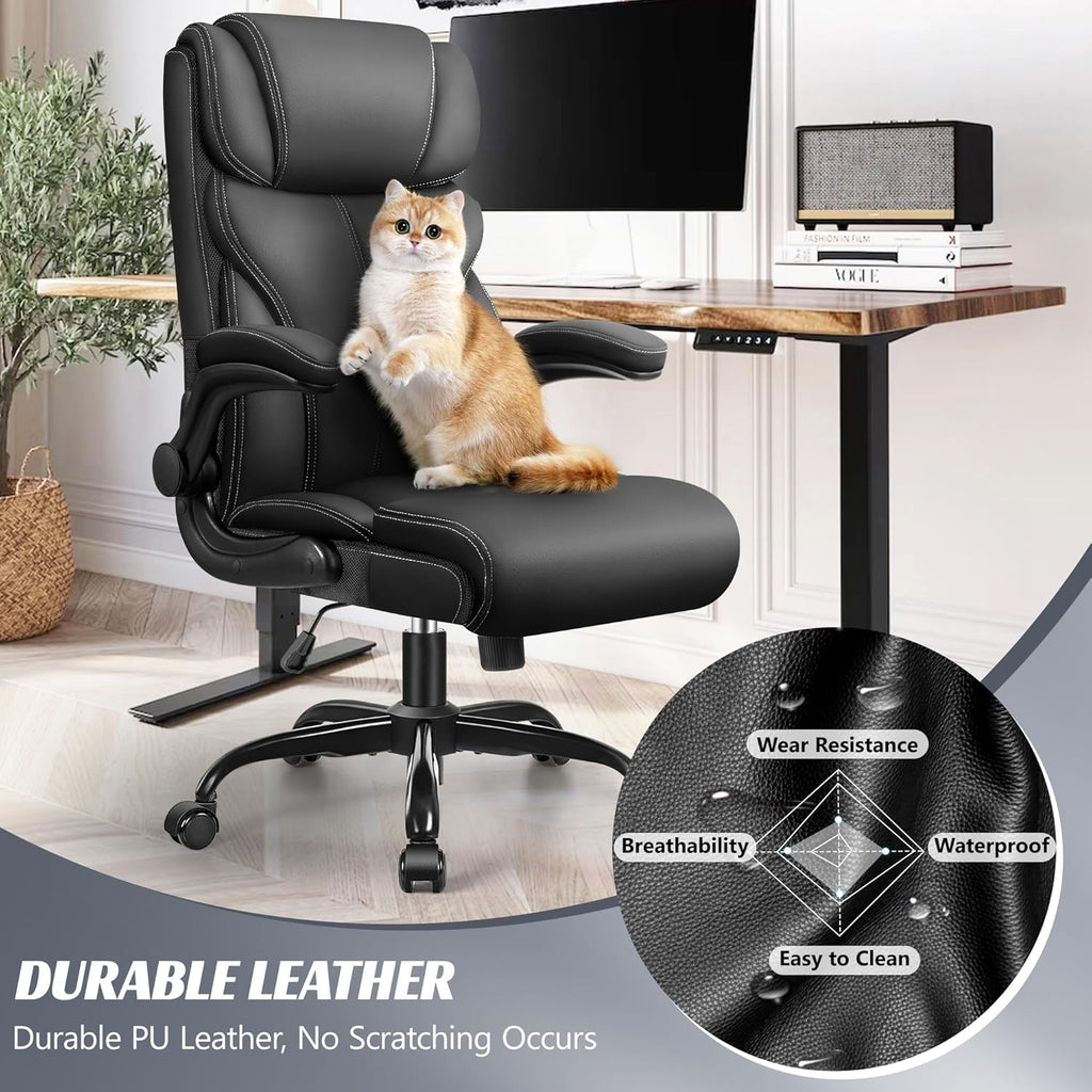 HeroSet Office Chair, Ergonomic Big and Tall Computer Desk Chairs, Executive Breathable Leather Chair with Adjustable Flip-up Armrests, Lumbar Support Swivel PC Chair with Rocking Function,Matte Black