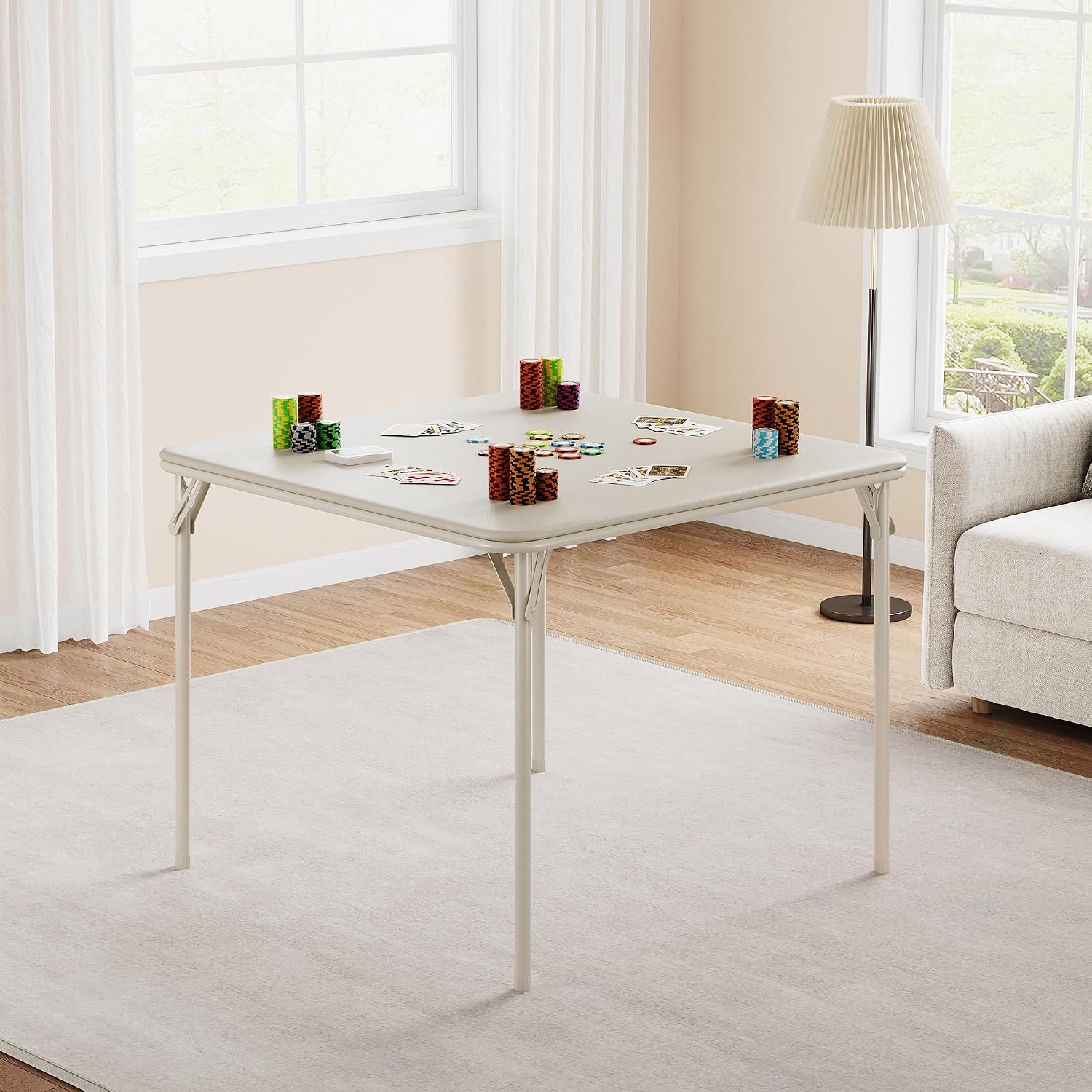 Folding Card Table, 34 Inch Portable Square Game Table with Collapsible Legs, Multifunctional Foladable Table with PU Padded Tabletop for Home, Parties, Picnics, Games, 1 Piece, Beige