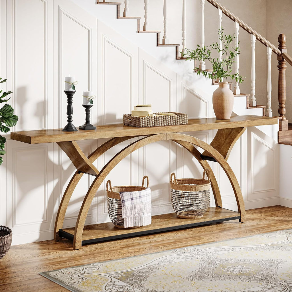 Tribesigns 70.87" Console Table, Industrial Sofa Table Behind Couch with 2 Tiers of Storage Shelves for Living Room, Hallway, Entrance, Foyer (Light Brown)